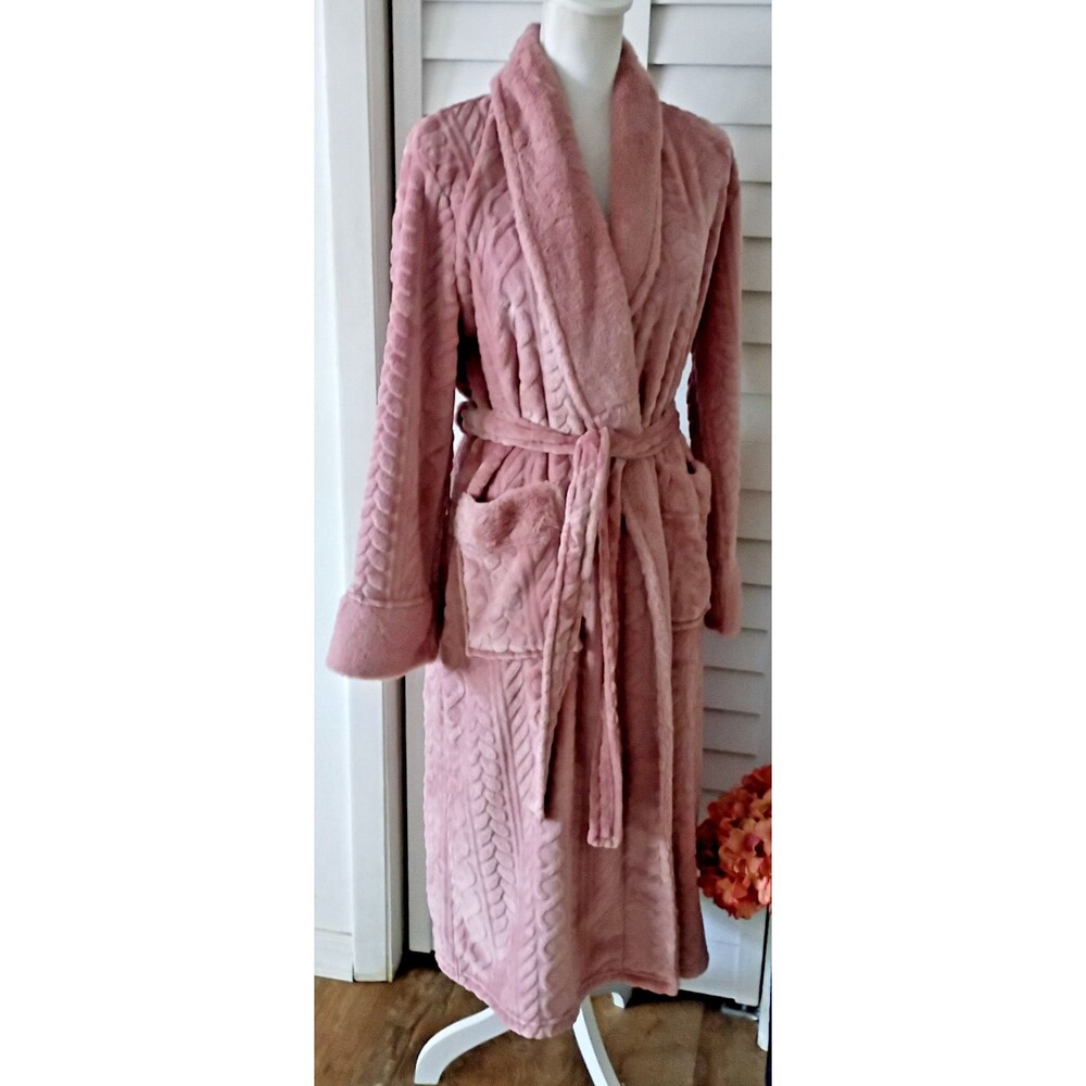 BearPaw womens luxury faux fur soft robe with hood - belt & Pockets dusty pink M